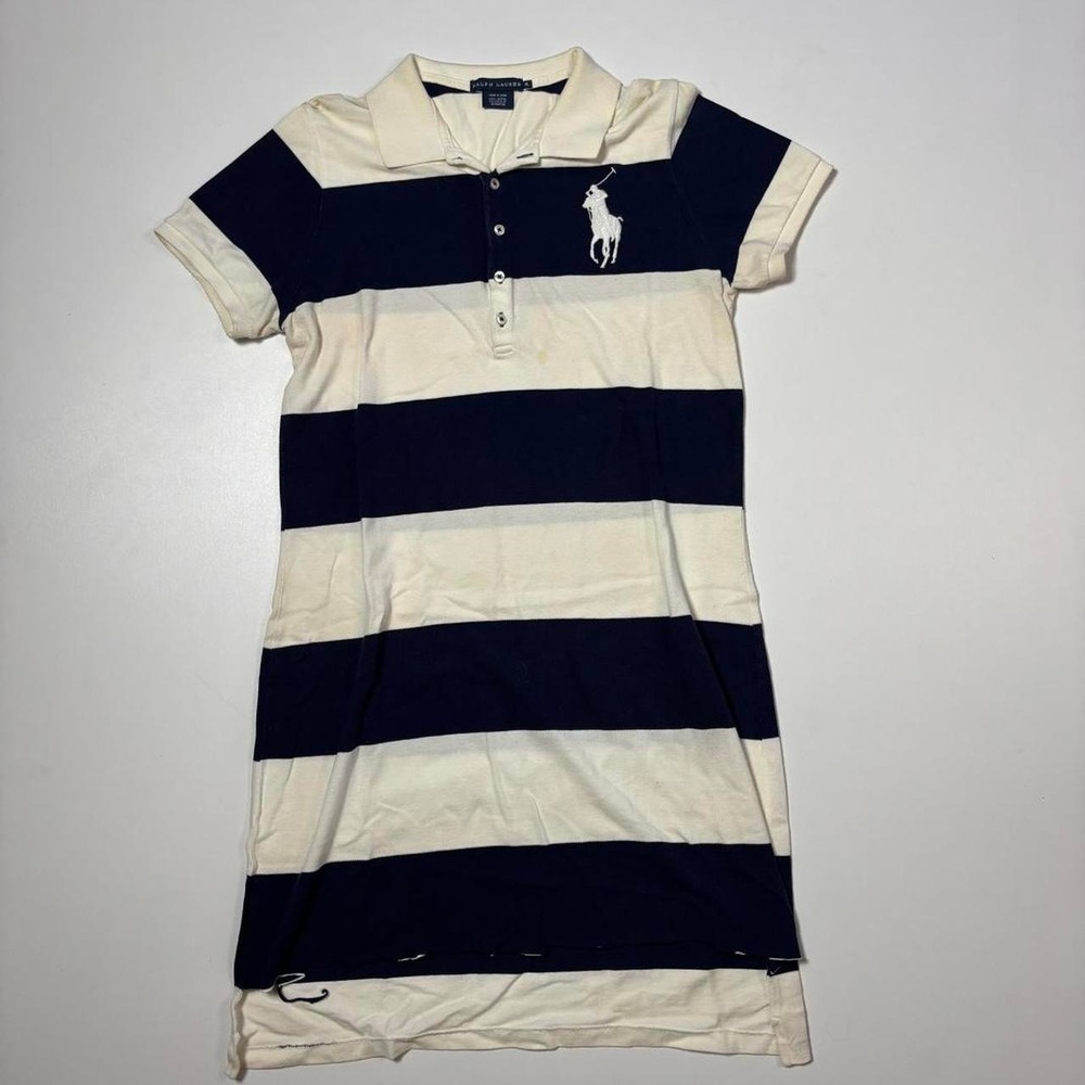 Vintage 90's Cream & Navy Ralph Lauren Striped Big‎ Pony Polo Dress - XL